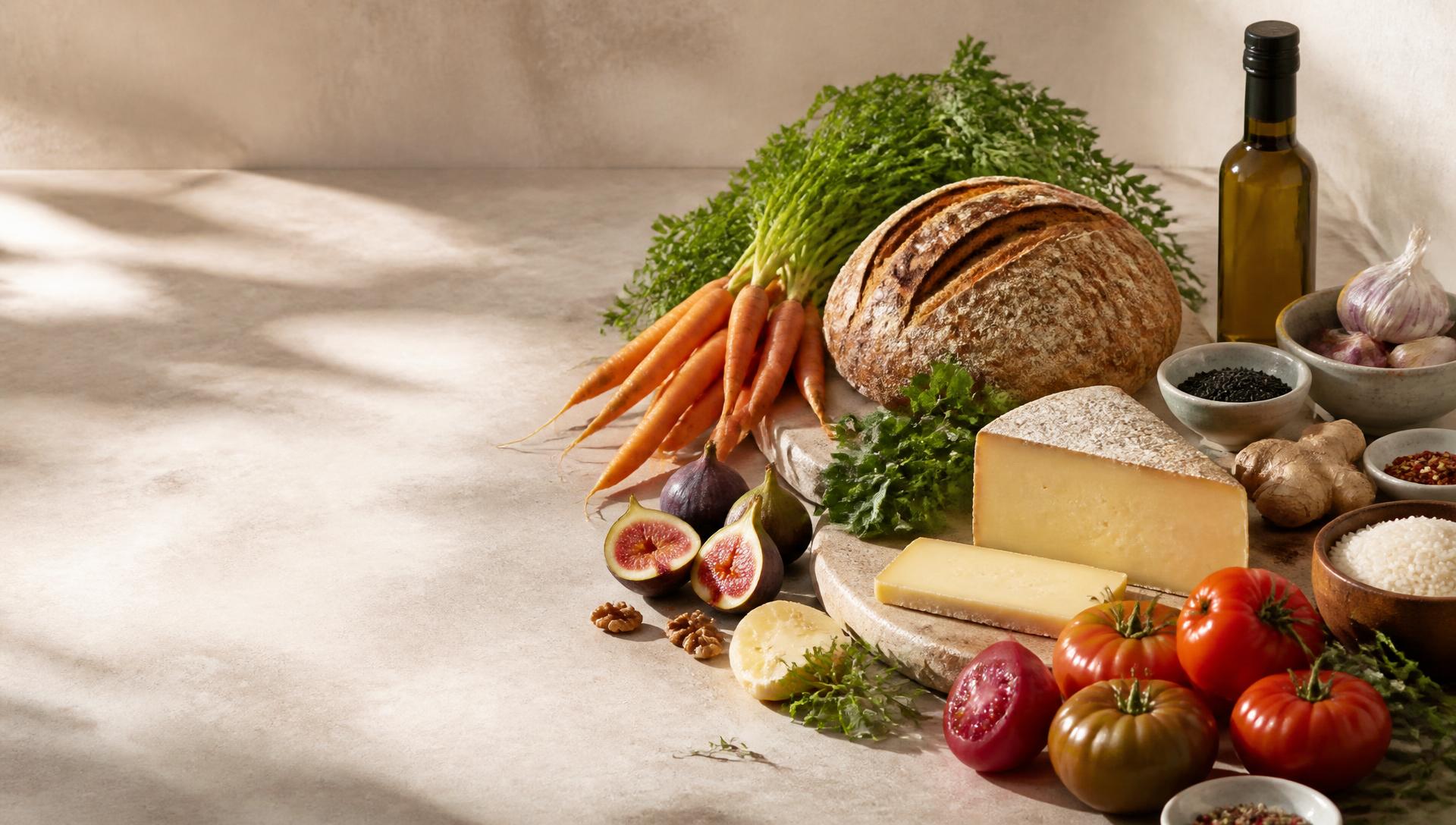 Table de produits frais : légumes de saison, fromage et pain artisanal